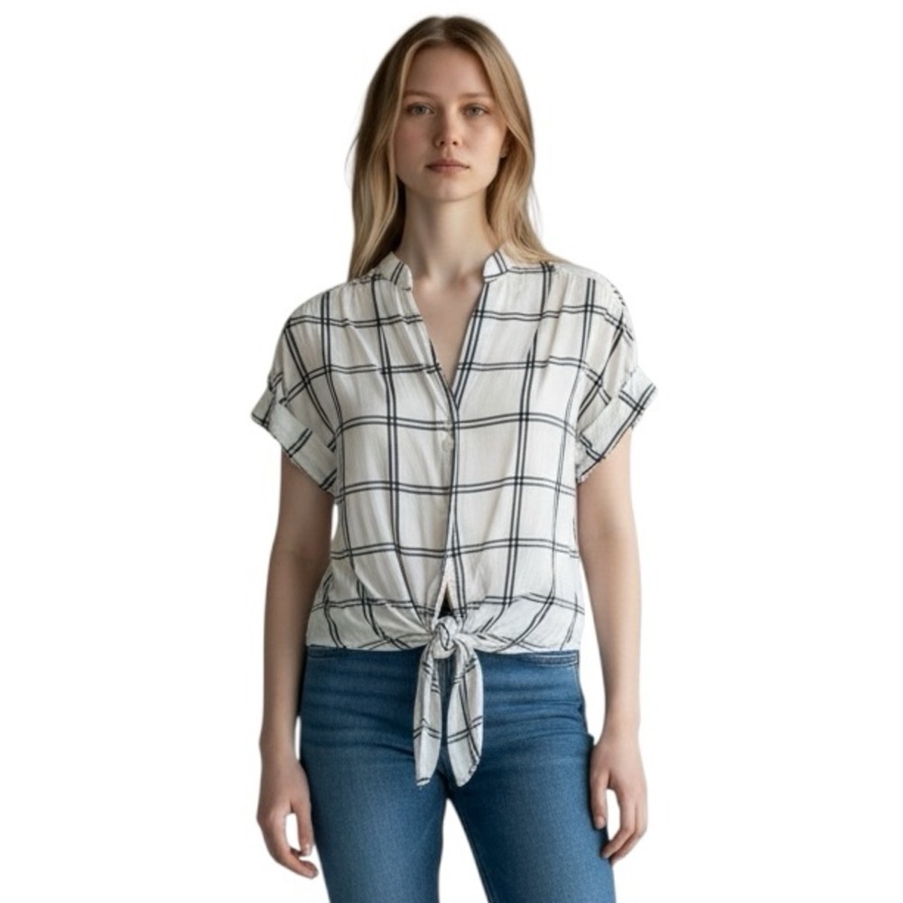 Current Air Windowpane Plaid Tie Front Blouse White Black XS